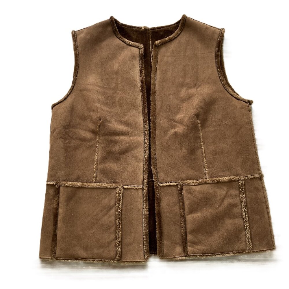 Faux Suede Shearling Fur Open Front Vest with Pockets Tan Brown Women's XL
